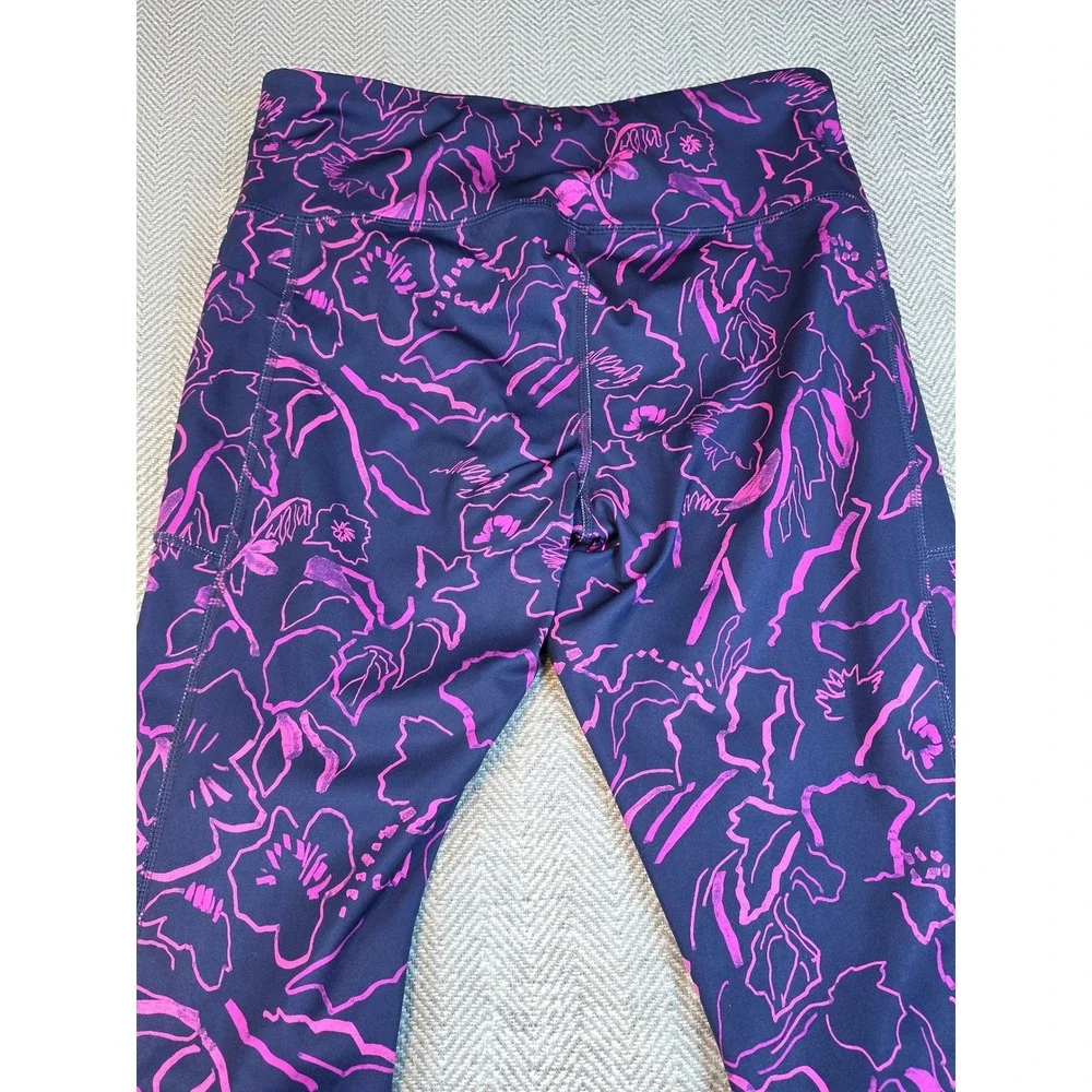 Avia Womens Navy Pink Floral High Waisted Capri Leggings Pockets Size M 8-10